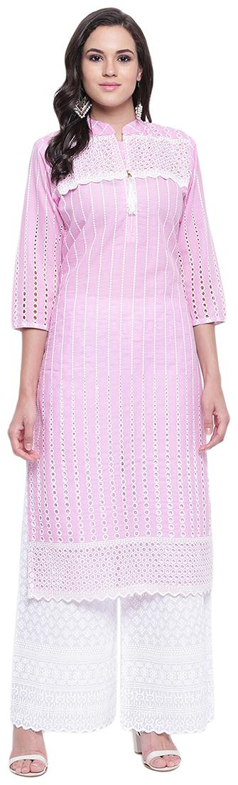 

LIVZA Women Cotton Embroidered Pink Kurta With Palazzo