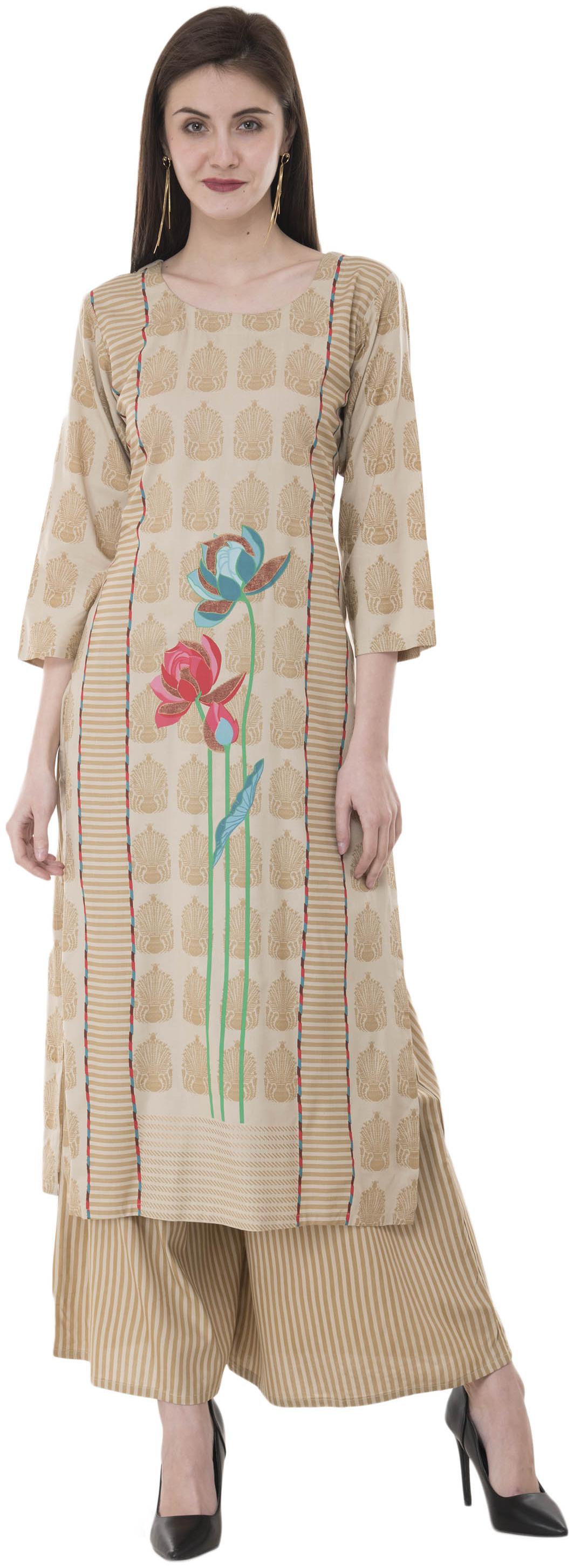 

LIVZA Women Beige Floral Straight Kurta With Palazzo