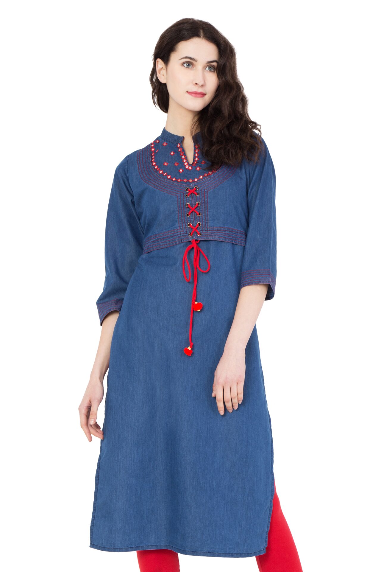 

LIVZA Women Blue Embroidered Straight Kurta