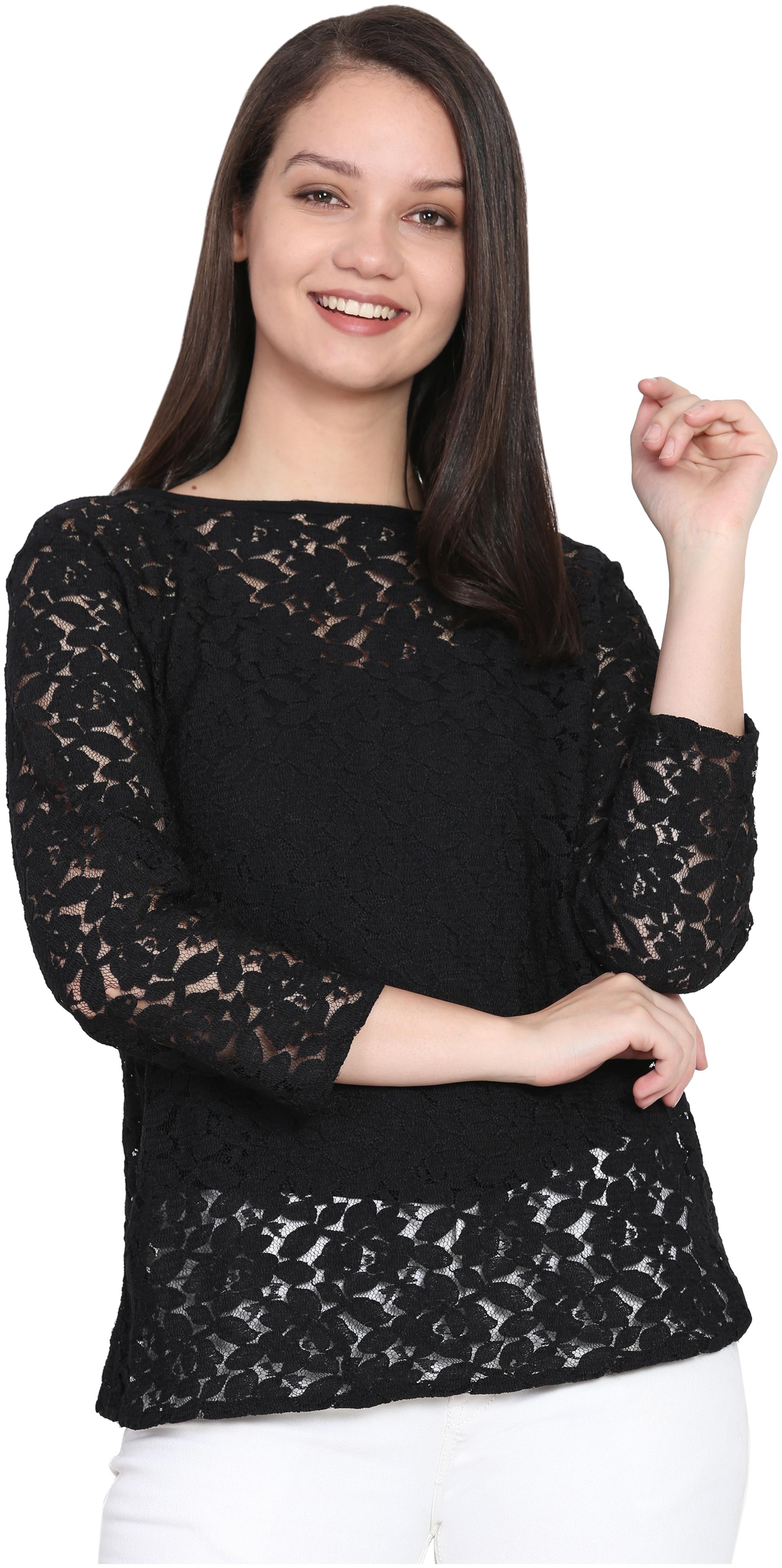 

LIVZA Women Embroidered Regular top - Black
