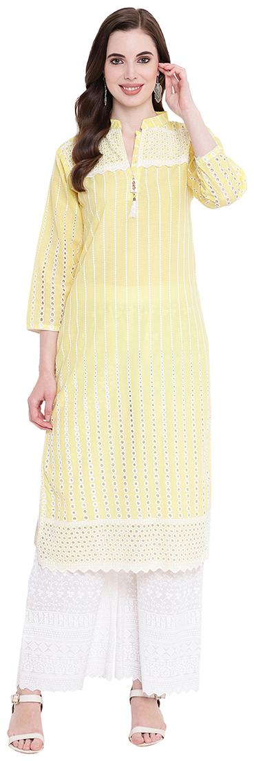 

LIVZA Women Cotton Embroidered Yellow Kurta With Palazzo