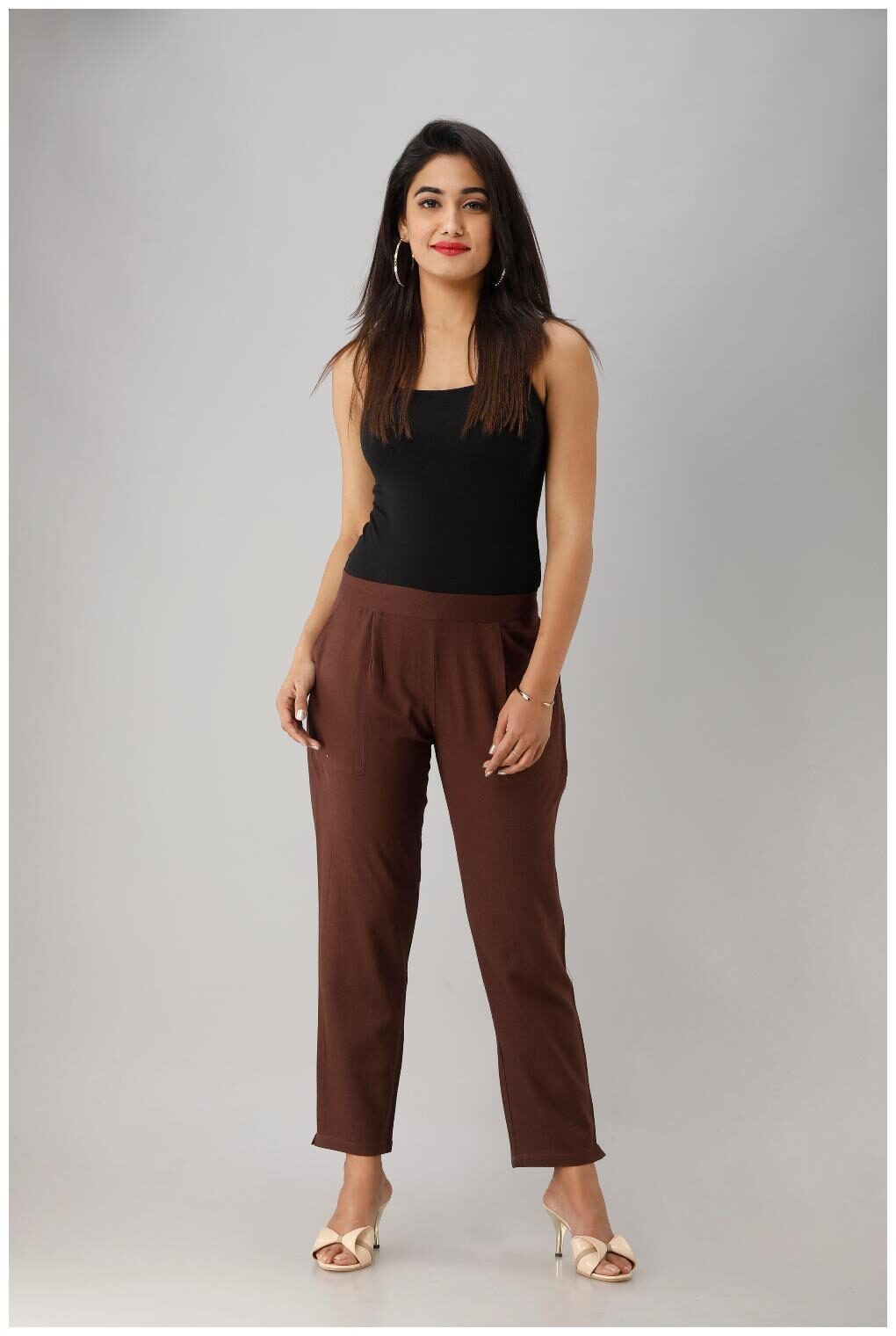 

Liyara Blended Solid Brown Trouser Pant For Women