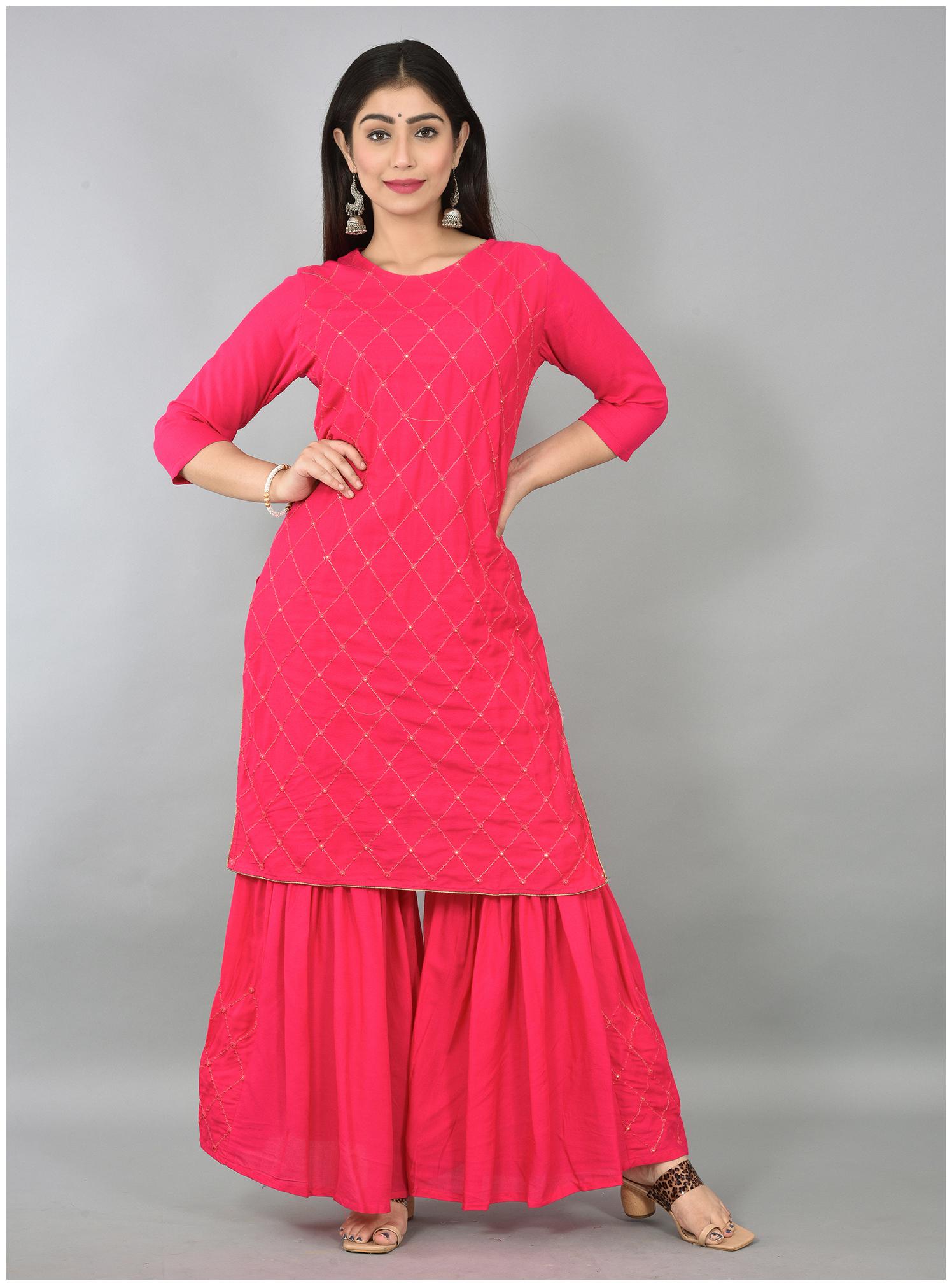 

Liyara Viscose Rayon Embroidered Pink Stitched Suit For Women