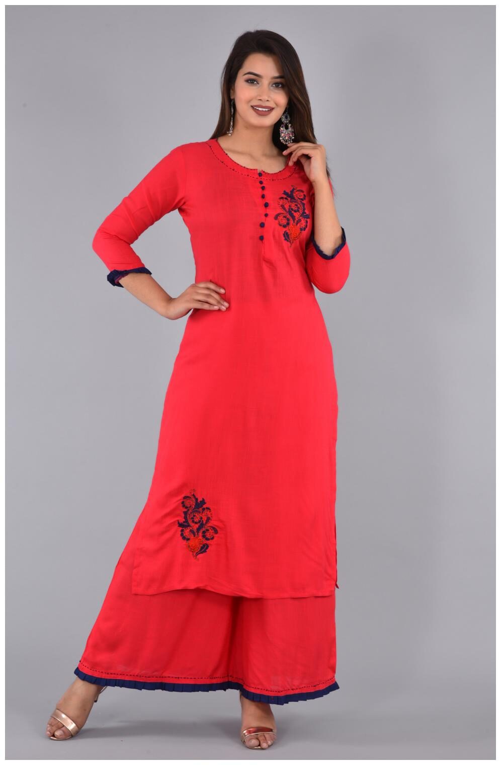 

Liyara Viscose Rayon Embroidered Red Stitched Suit For Women