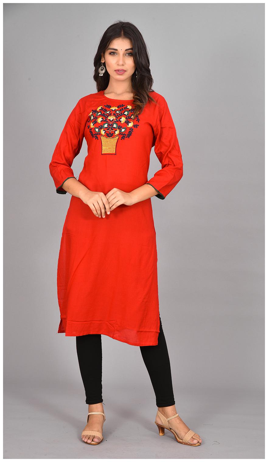 

LIYARA Women Red Embroidered Straight Kurta