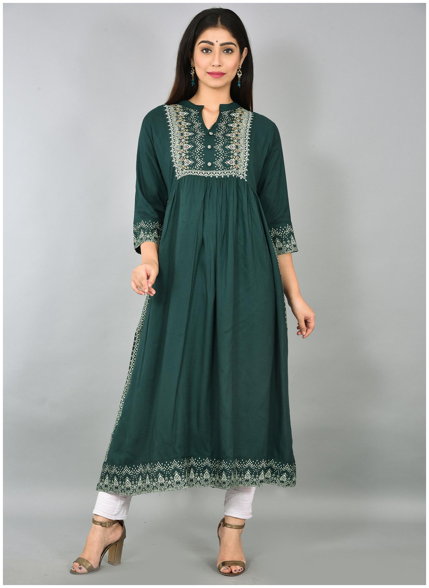 

LIYARA Women Viscose Rayon Embroidered Dark Green Kurta