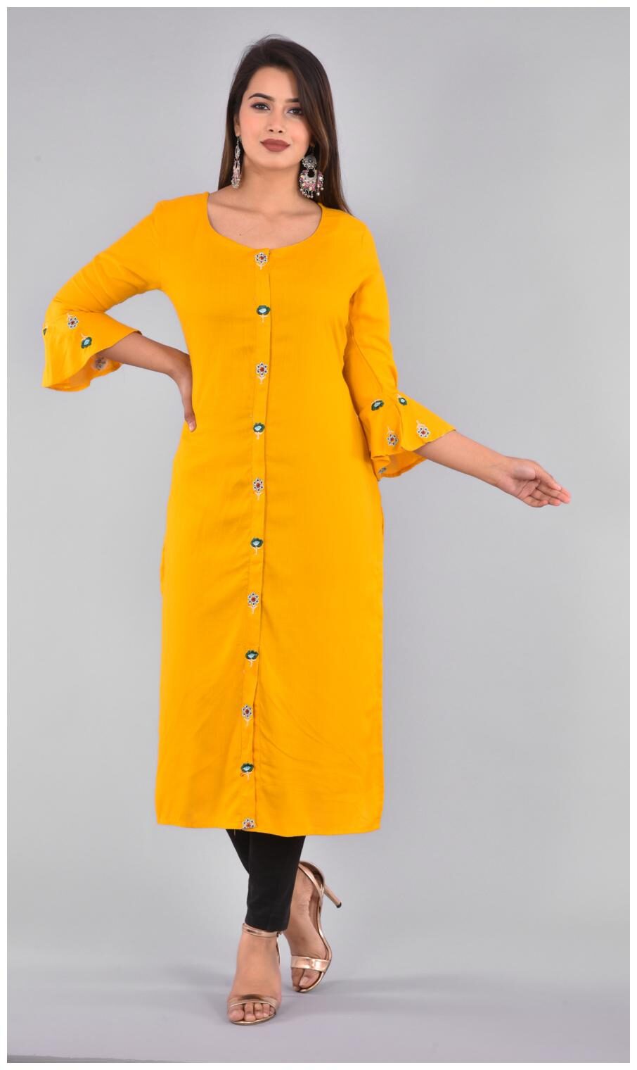 

LIYARA Women Yellow Embroidered Straight Kurta