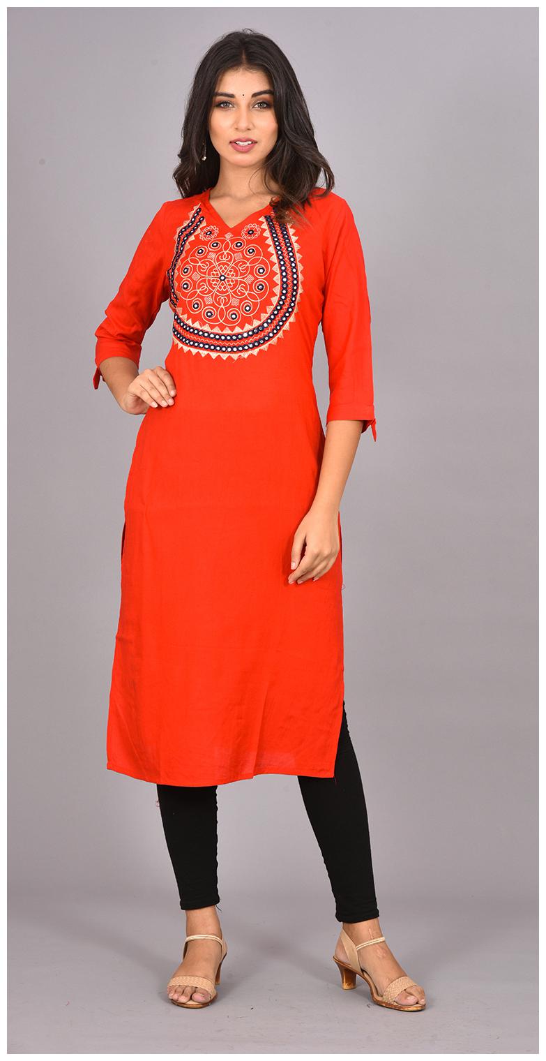 

LIYARA Women Red Embroidered Straight Kurta