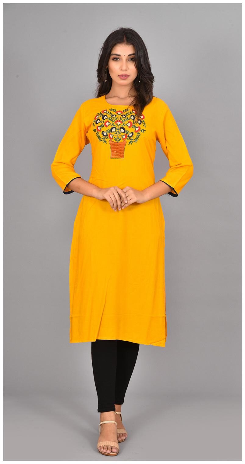 

LIYARA Women Yellow Embroidered Straight Kurta