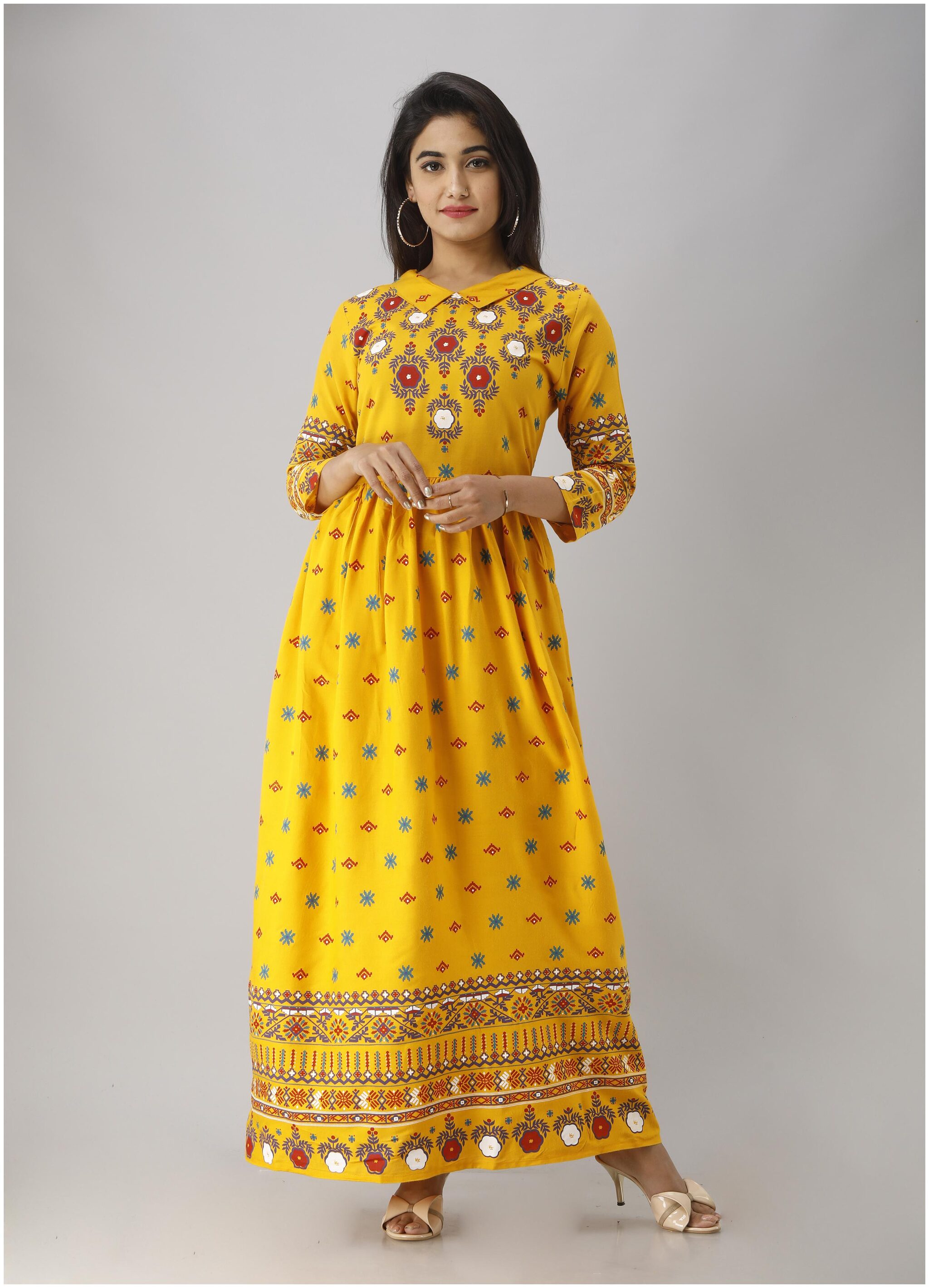 

LIYARA Women Mustard Floral Anarkali Kurta