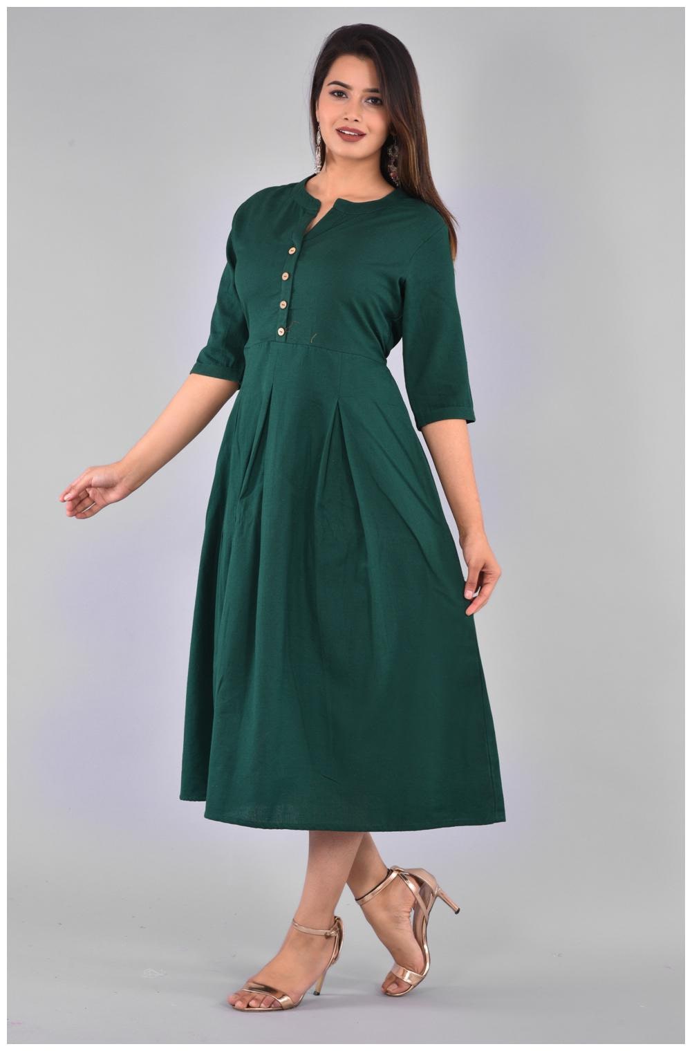 

LIYARA Women Cotton Blend Solid Green Kurta Dress