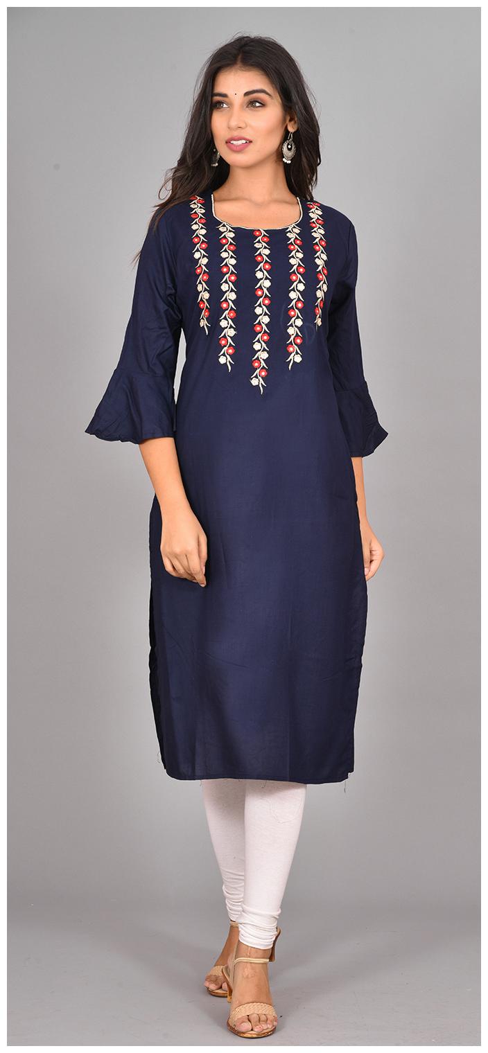 

LIYARA Women Navy Blue Embroidered Straight Kurta
