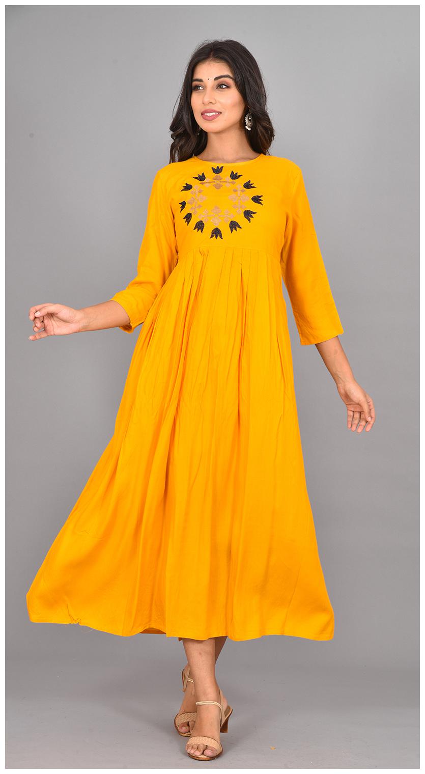 

LIYARA Women Viscose Rayon Embroidered Yellow Kurta Dress