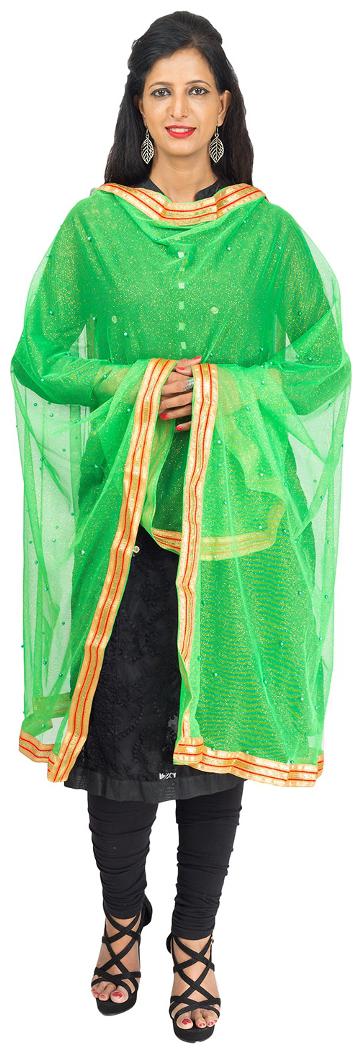 

Lodestone Women s Net Dupatta with Pearl and Lace work (Parrot-Green)