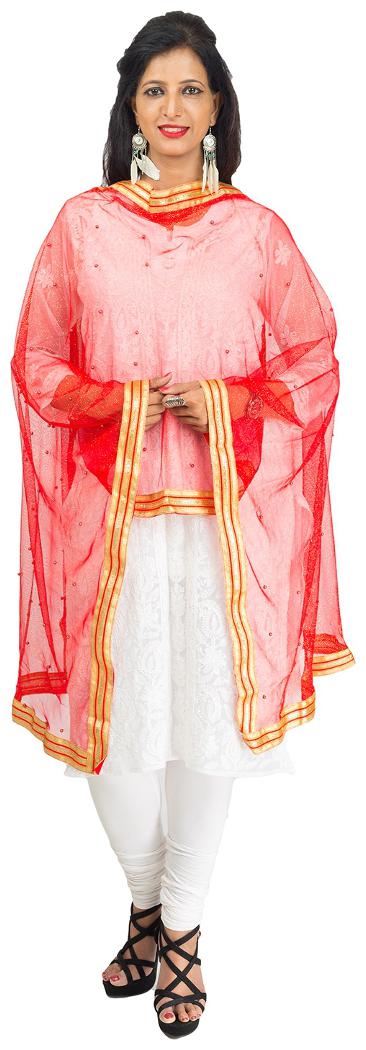 

Lodestone Women s Net Dupatta with Pearl and Lace work (Red)
