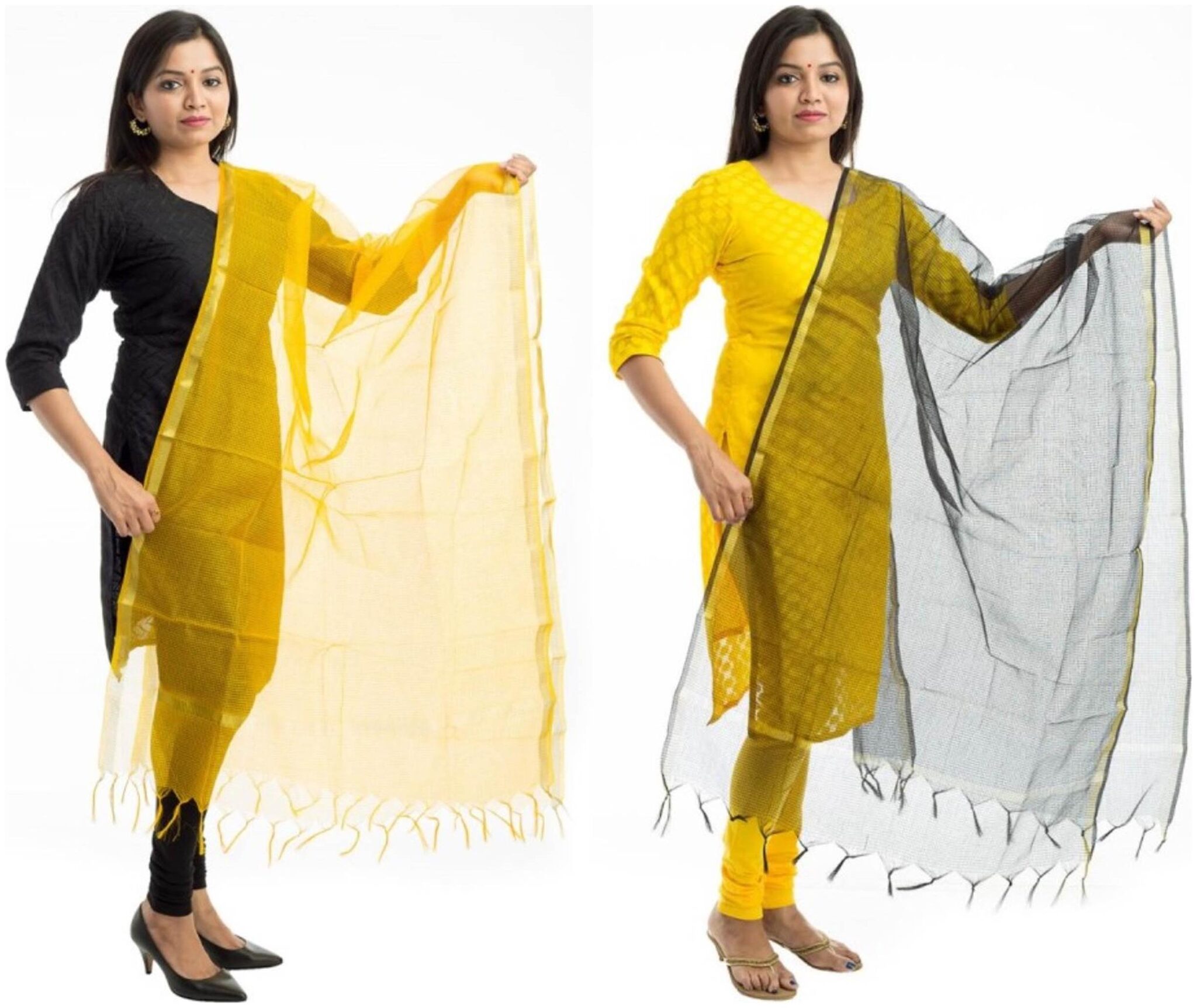 

Lodestone Women s Banaras Silk Checks Dupatta Golden Yellow Black(Pack Of 2)