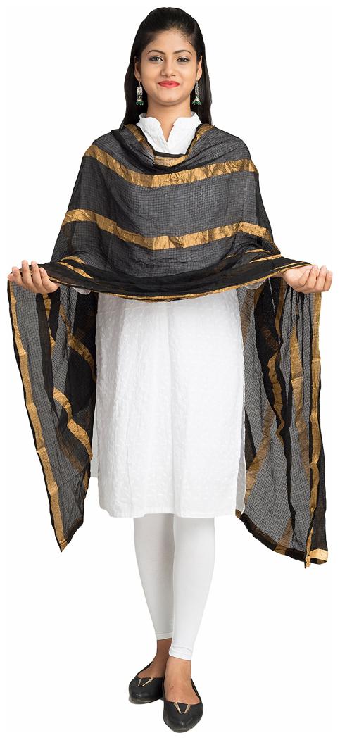 

Lodestone Woman s Jute Silk Dupatta with Golden Strips (Black)