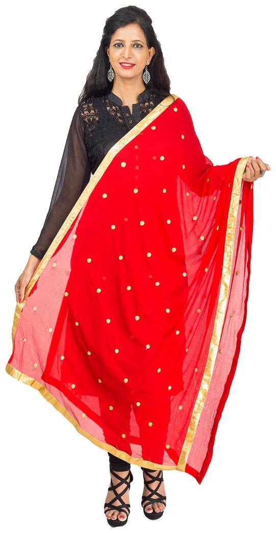 

Lodestone Women s Chiffon Dupatta with Golden Butti work and Lace (Red)
