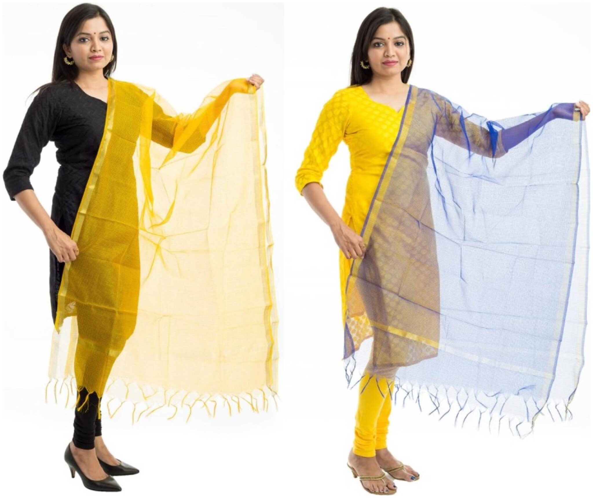 

Lodestone Women s Banaras Silk Checks Dupatta Golden Yellow Blue(Pack Of 2)