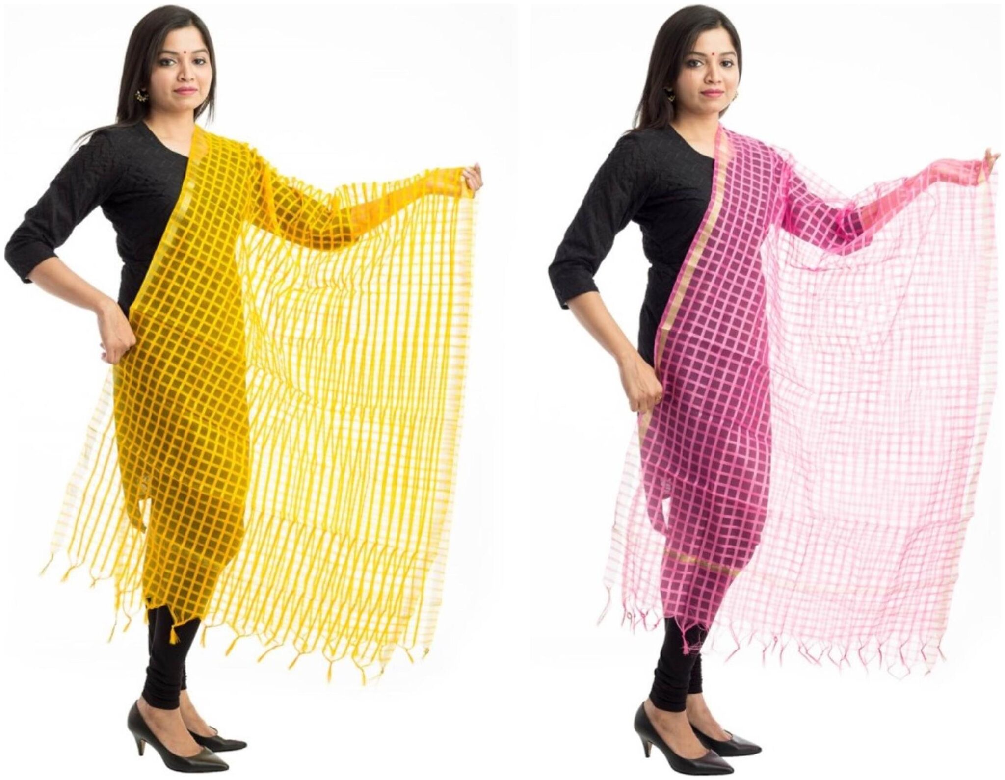

Lodestone Women s Banaras Silk Checks Dupatta Yellow Pink(Pack Of 2)