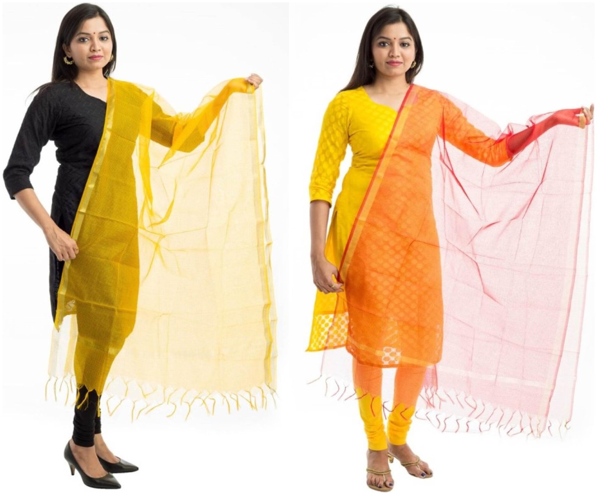 

Lodestone Women s Banaras Silk Checks Dupatta Golden Yellow Red(Pack Of 2)