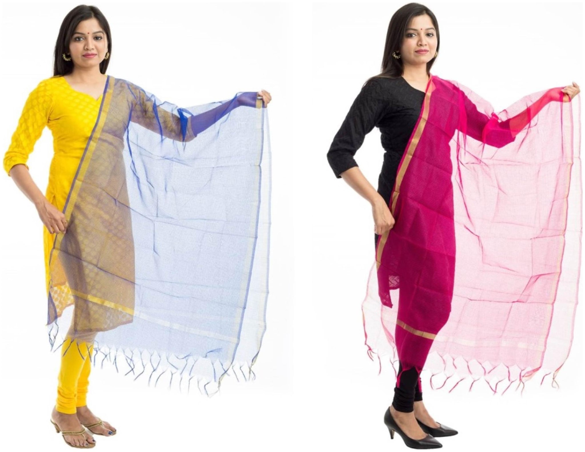 

Lodestone Women s Banaras Silk Checks Dupatta Blue Rani Pink(Pack Of 2)