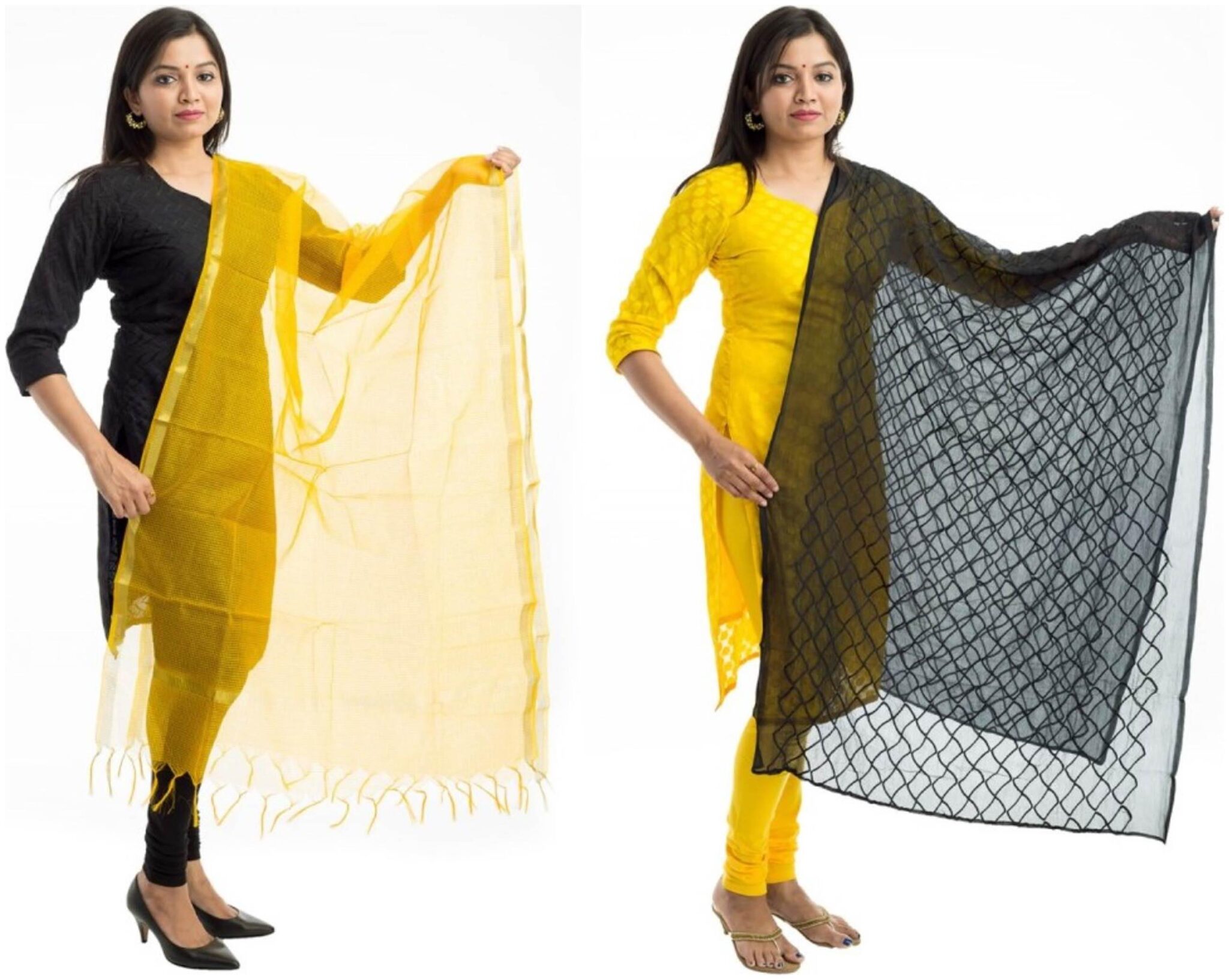 

Lodestone Women s Banaras Silk Checks Dupatta Golden Yellow Black(Pack Of 2)