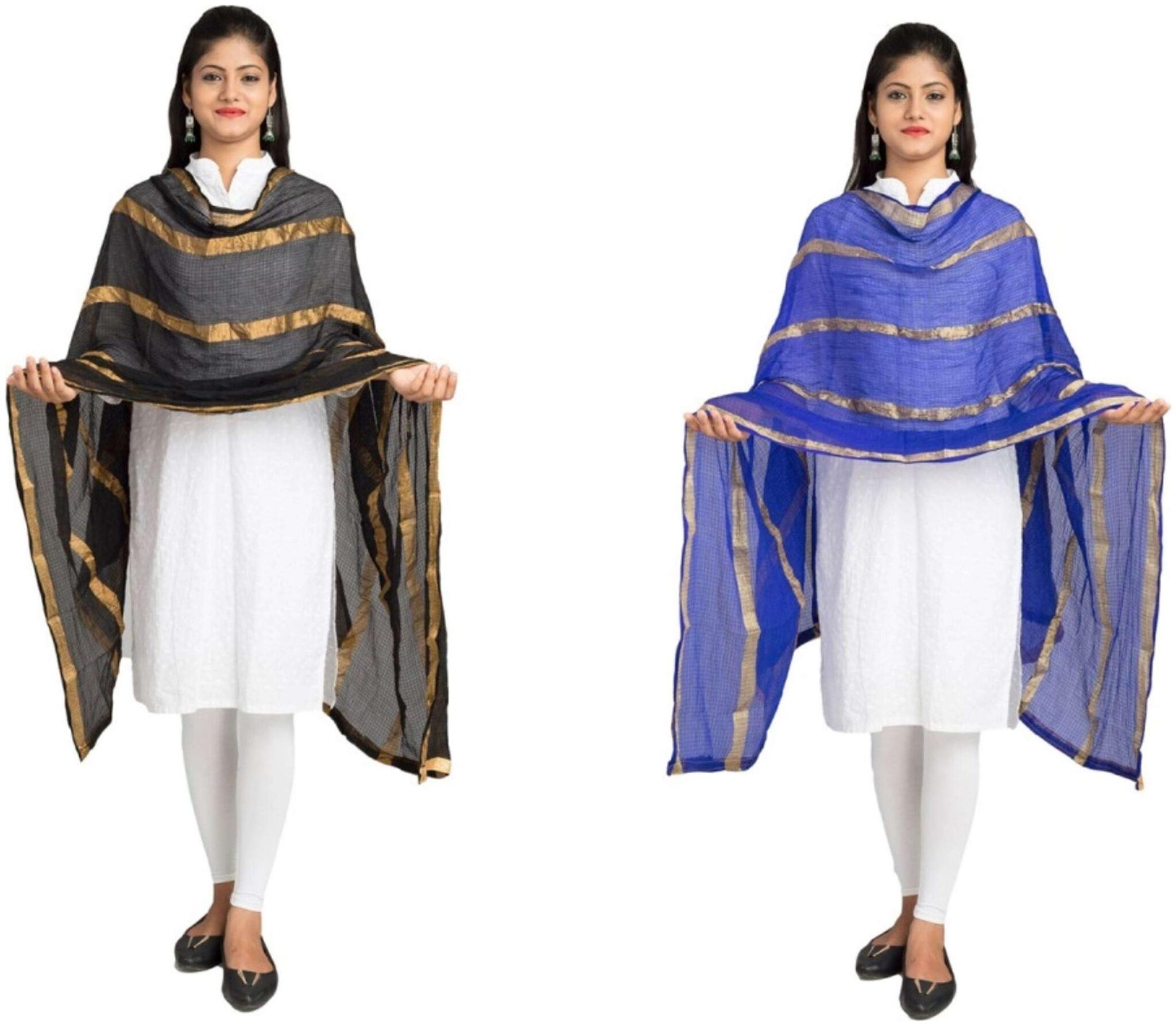 

Lodestone Woman s Jute Silk Dupatta with Golden Strips Black Blue(Pack Of 2)