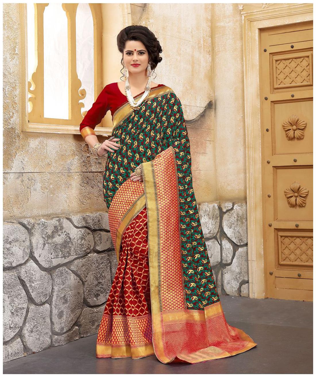 

London Beauty Women s Polycotton JallMango Red Rama banarasi silk sarees