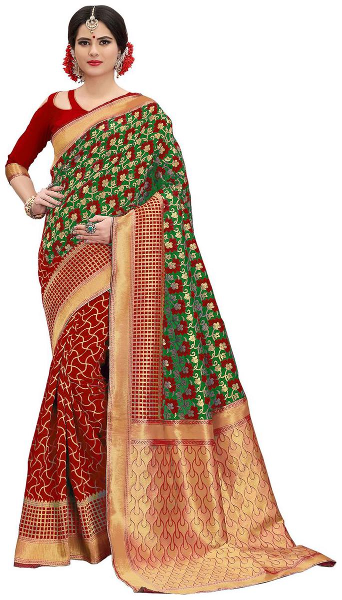 

London Beauty Women s Polycotton Jall Flower Red Mehndi banarasi silk sarees