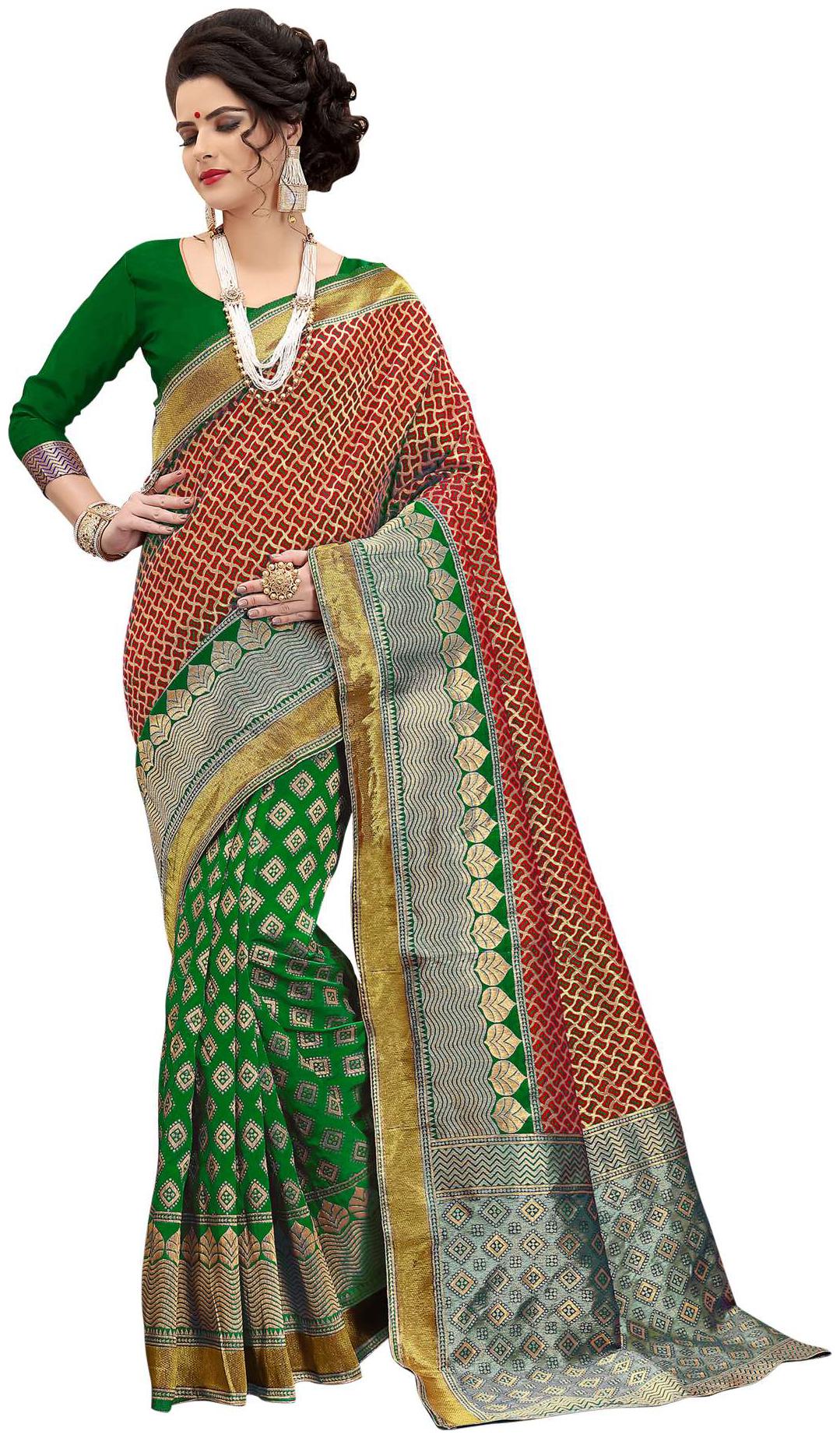 

London Beauty Green Woven Banarasi Designer Saree With Blouse With blouse