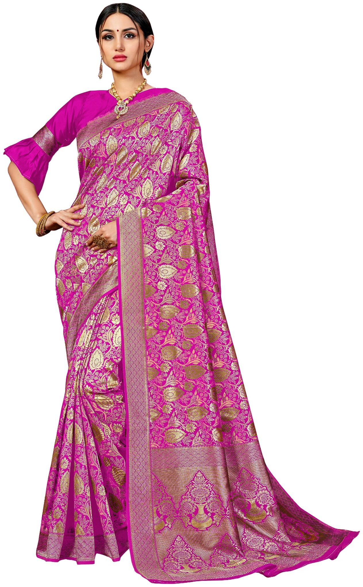 

London Beauty Pink Solid Banarasi Designer Saree With Blouse With blouse