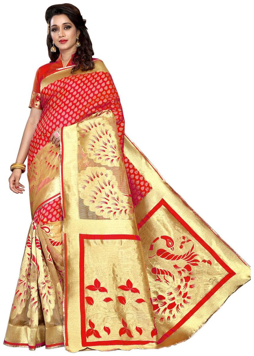 

London Beauty Women s Polycotton Red banarasi silk sarees