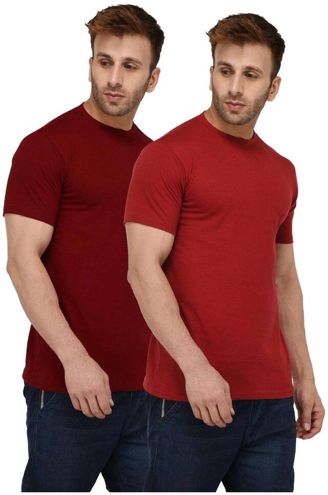 London Hills Solid Men Half Sleeve Round Neck Rust Red And Maroon T-Shirt (Pack of 2)