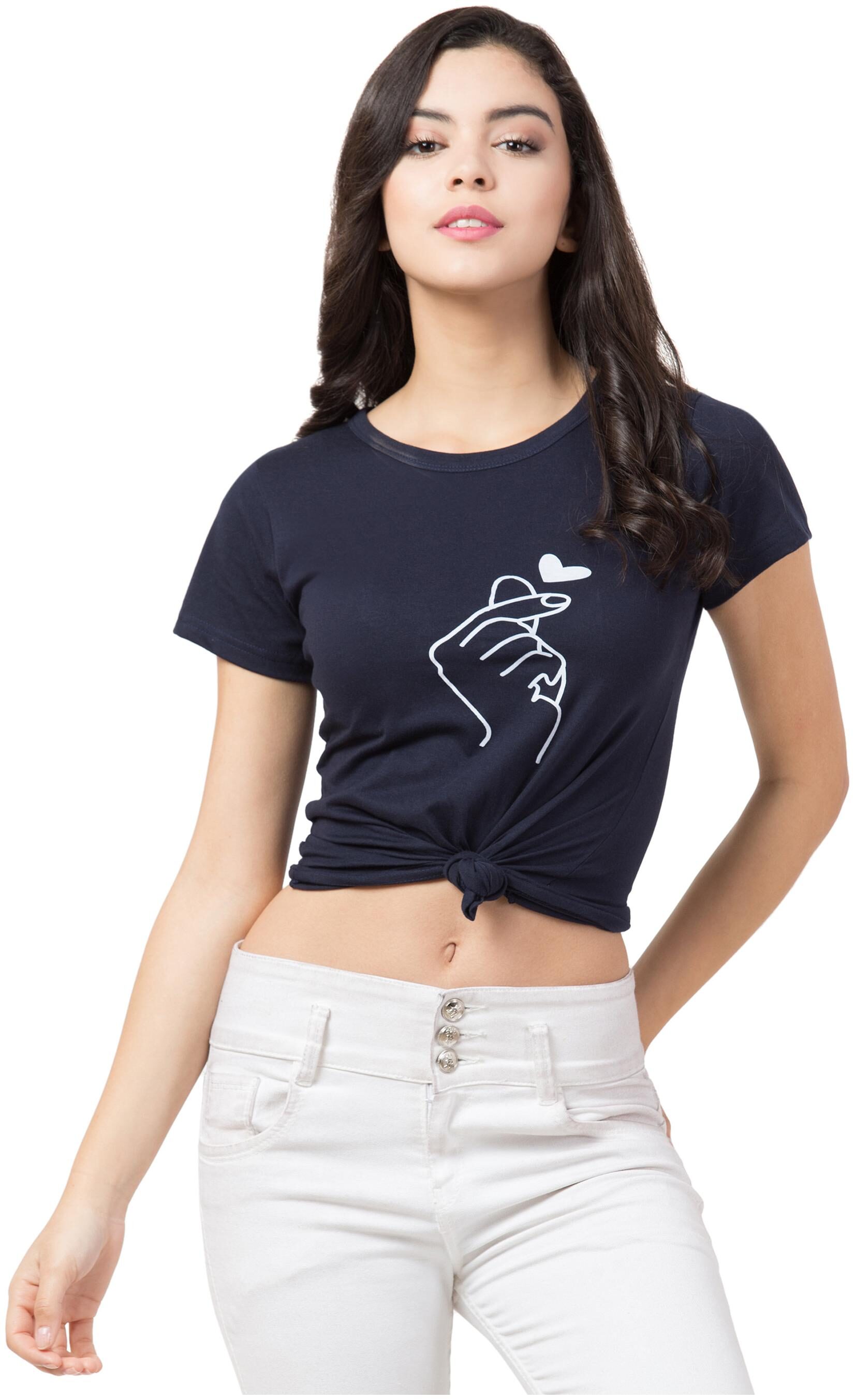 

LOOKS18 Women Cotton Graphic Navy Blue T Shirt