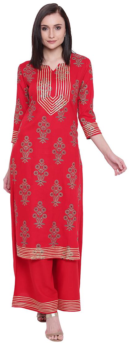 

LOPA Women Red Gold Printed Straight Kurta With Palazzo