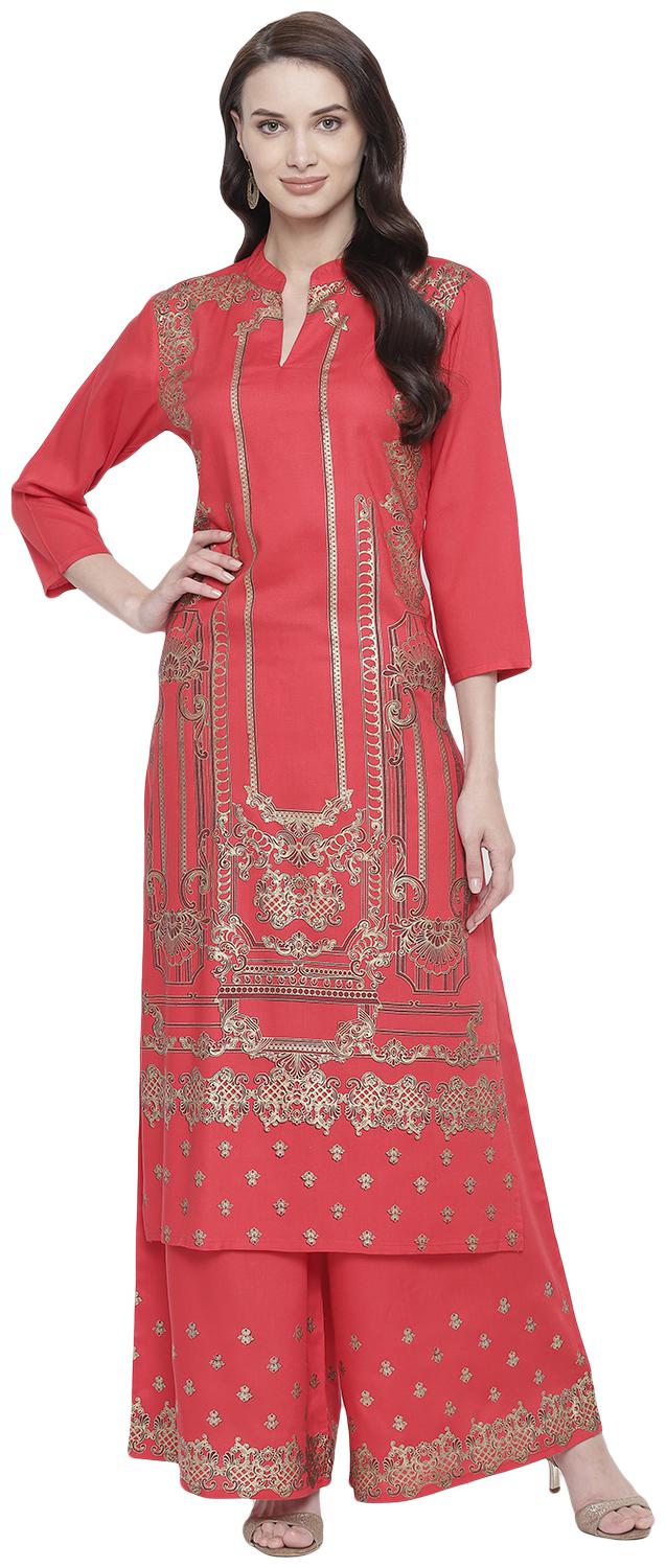 

LOPA Women Red Printed Straight Kurta With Palazzo