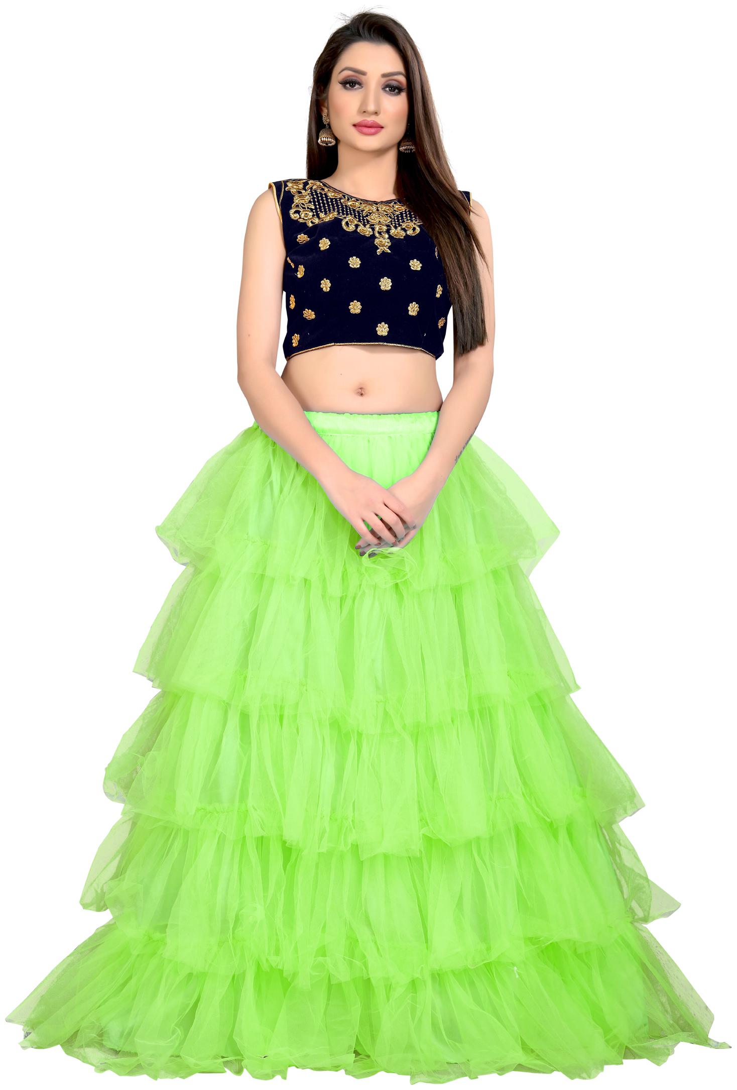 

LOROFY Net Solid Green Color Lehenga Choli