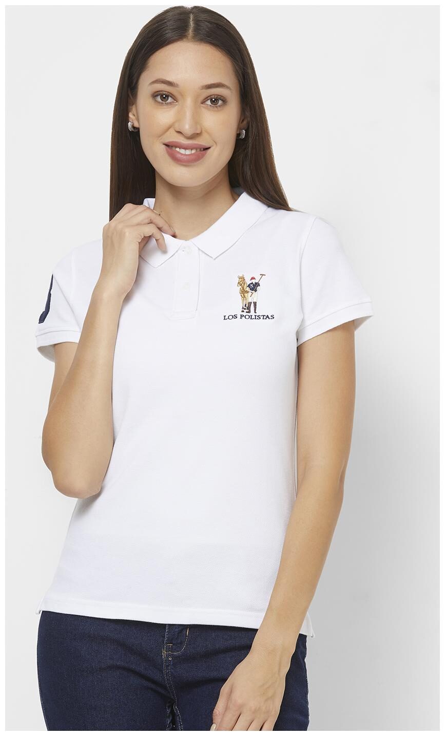 

LOS POLISTAS Women White Regular fit Polo neck Cotton T shirt