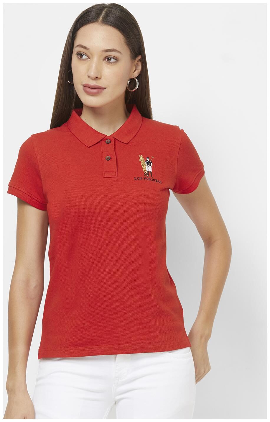 

LOS POLISTAS Women Red Regular fit Polo neck Cotton T shirt