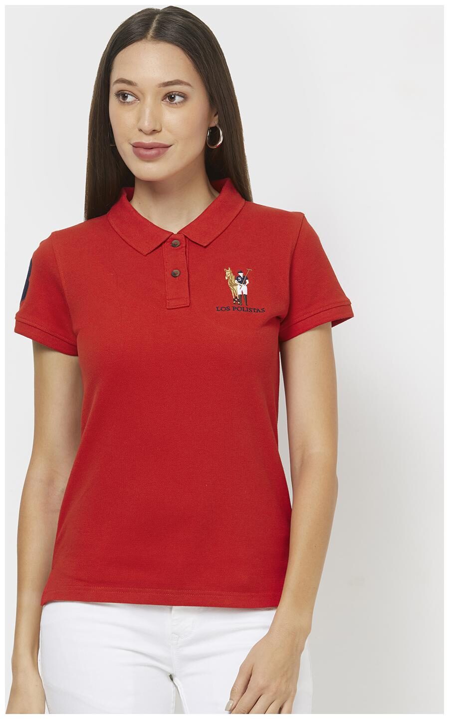 

LOS POLISTAS Women Red Regular fit Polo neck Cotton T shirt