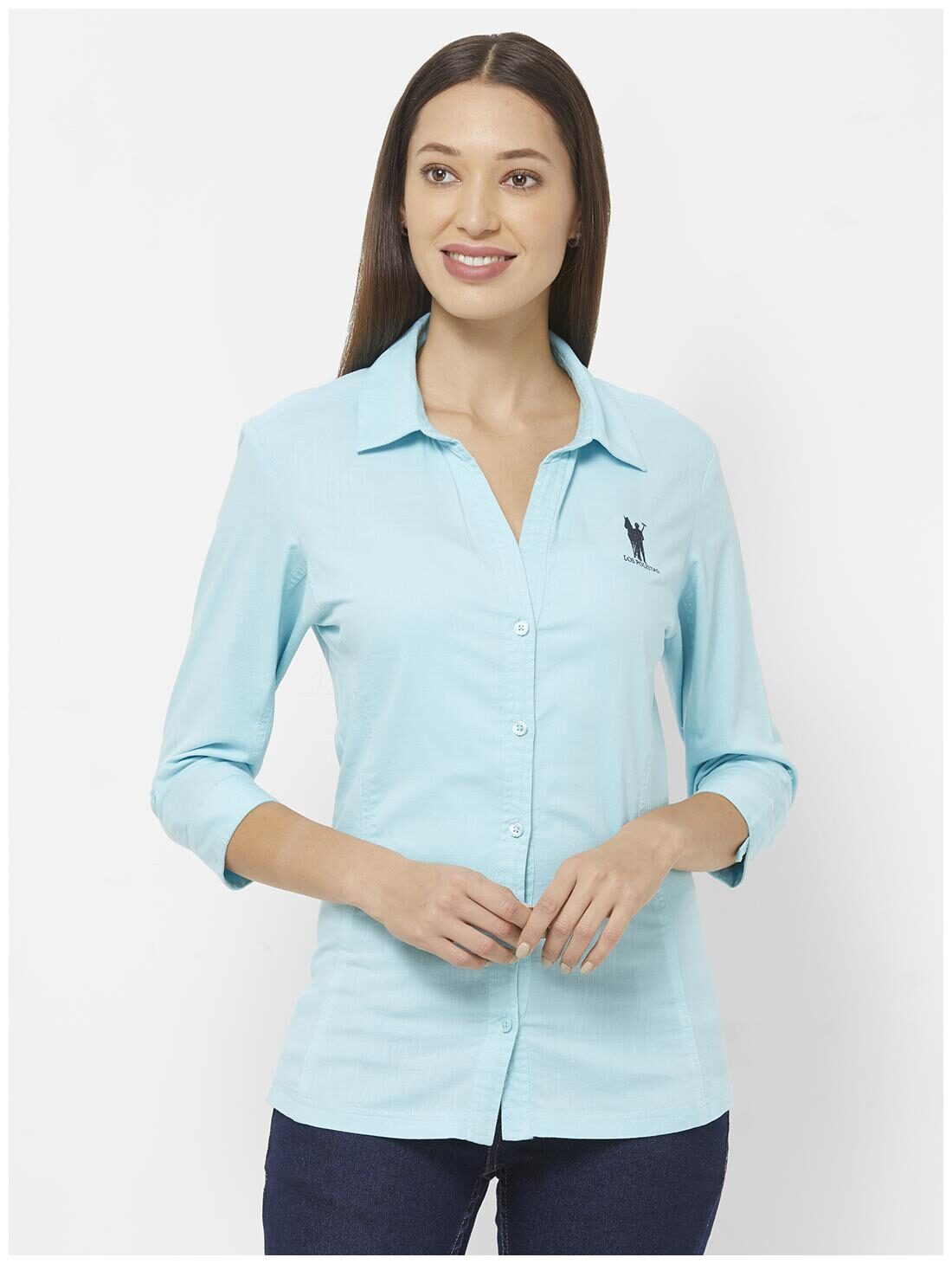 

LOS POLISTAS Women Casual 3 4th Sleeves Turquoise Cotton Shirt