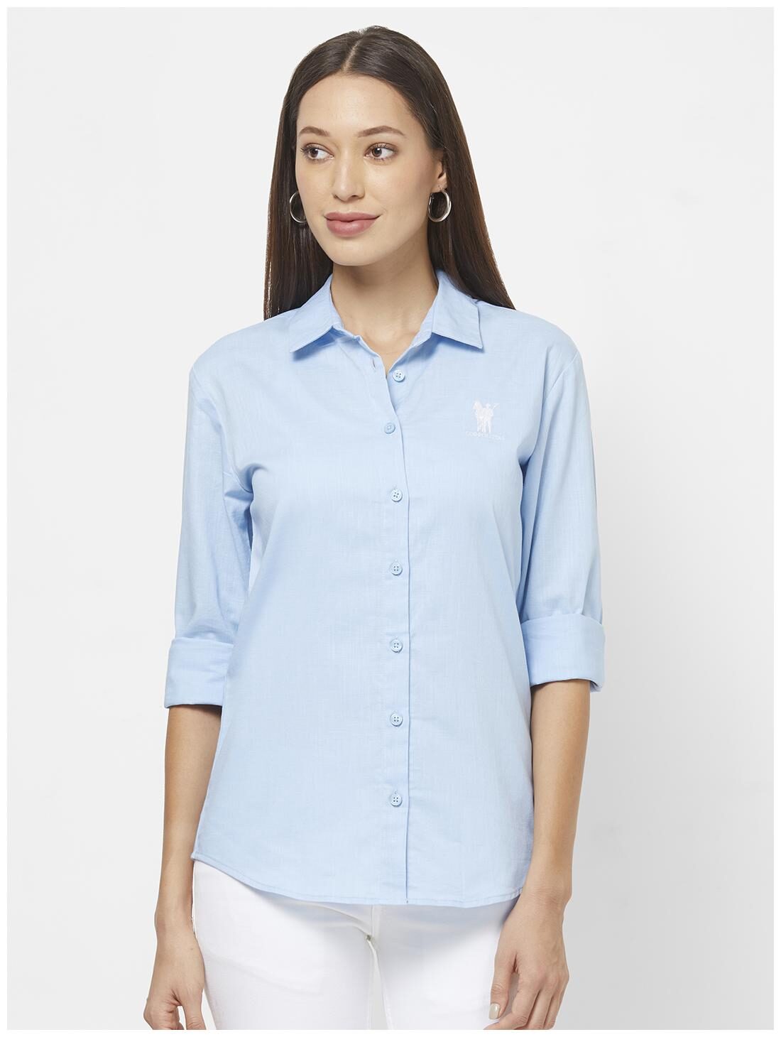 

LOS POLISTAS Women Blue Solid Regular Fit Shirt