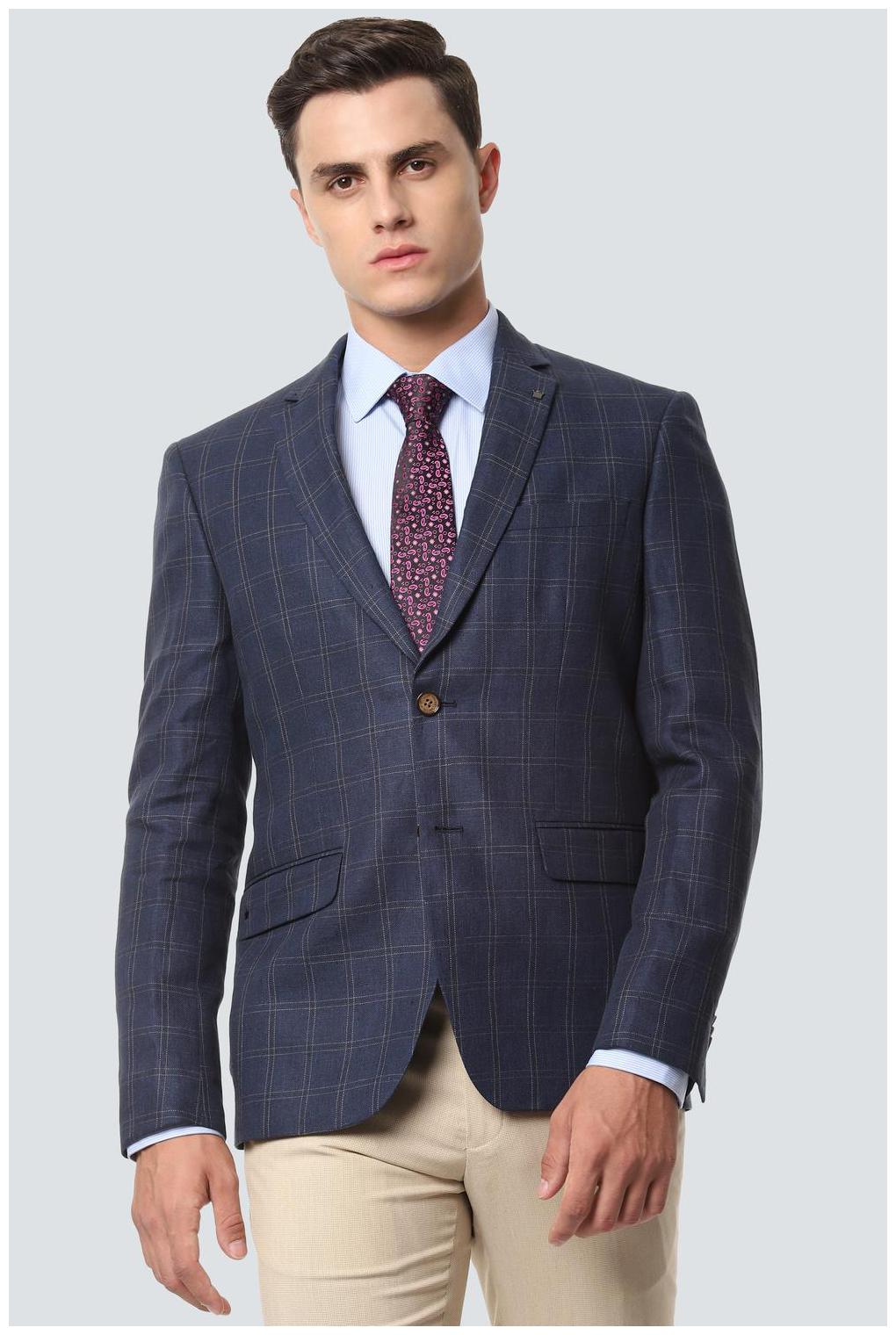

Louis Philippe Men Navy blue Checked Slim fit Single Breasted Blazer