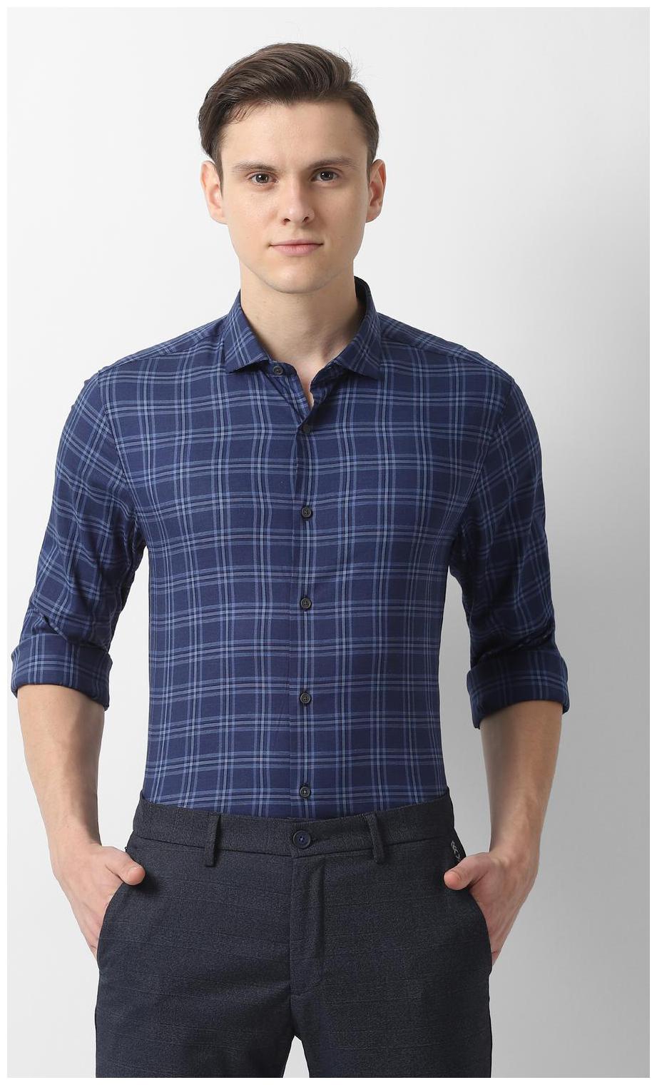 

Louis Philippe Men Blue Checked Super Slim Fit Casual Shirt
