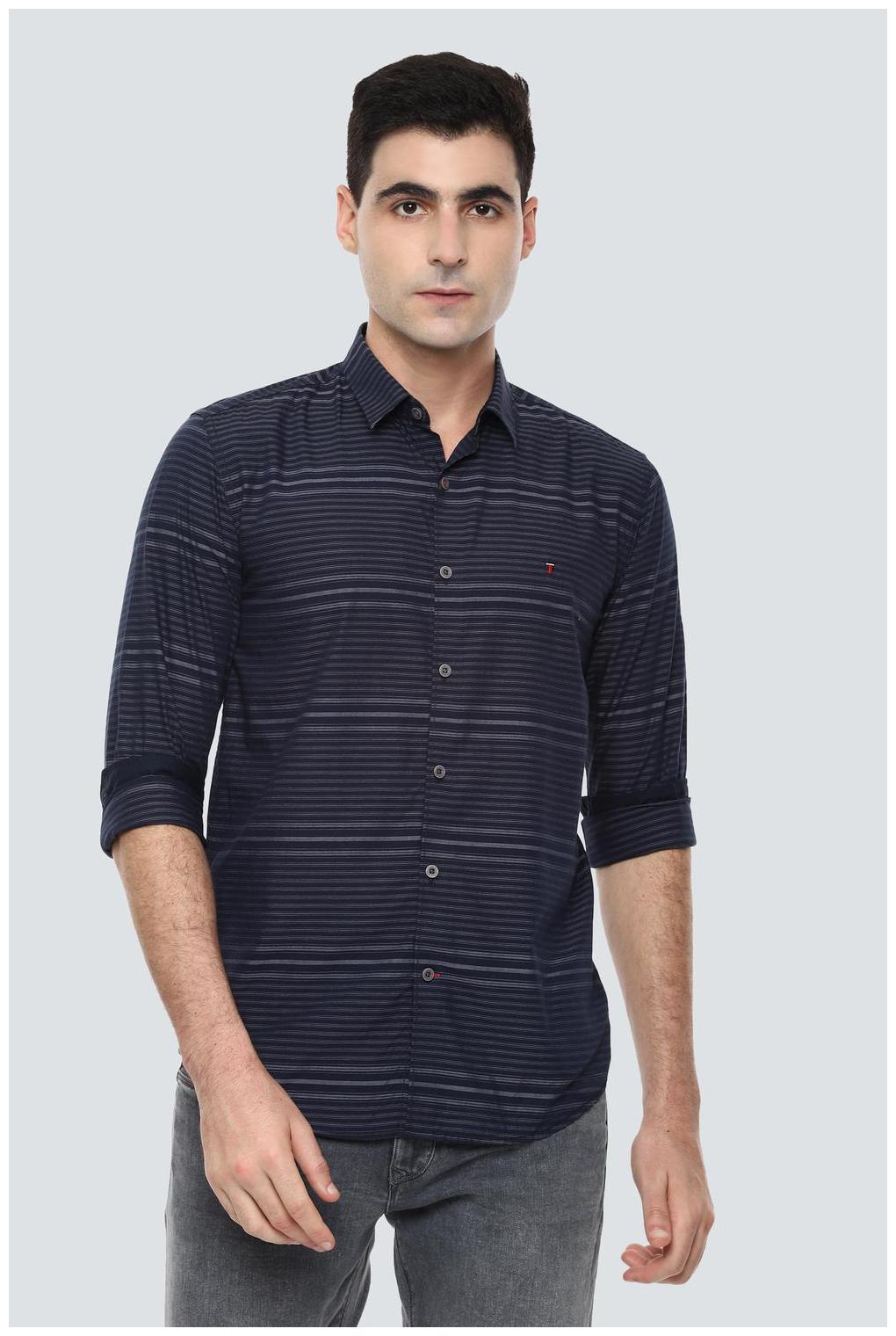 

Louis Philippe Men Navy Blue Horizontal Stripes Super Slim Fit Casual Shirt