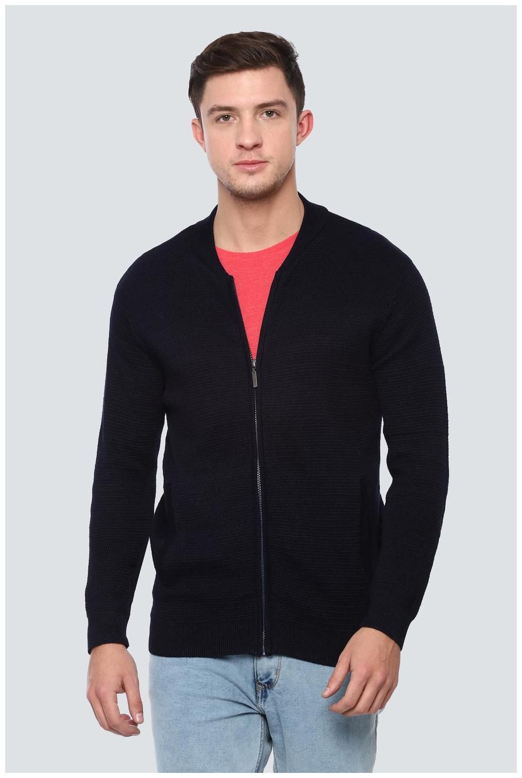 

Louis Philippe Men Cotton Front-Open Sweater Blue
