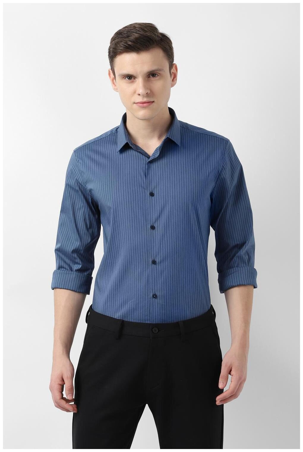 

Louis Philippe Men Blue Vertical Stripes Super Slim Fit Casual Shirt