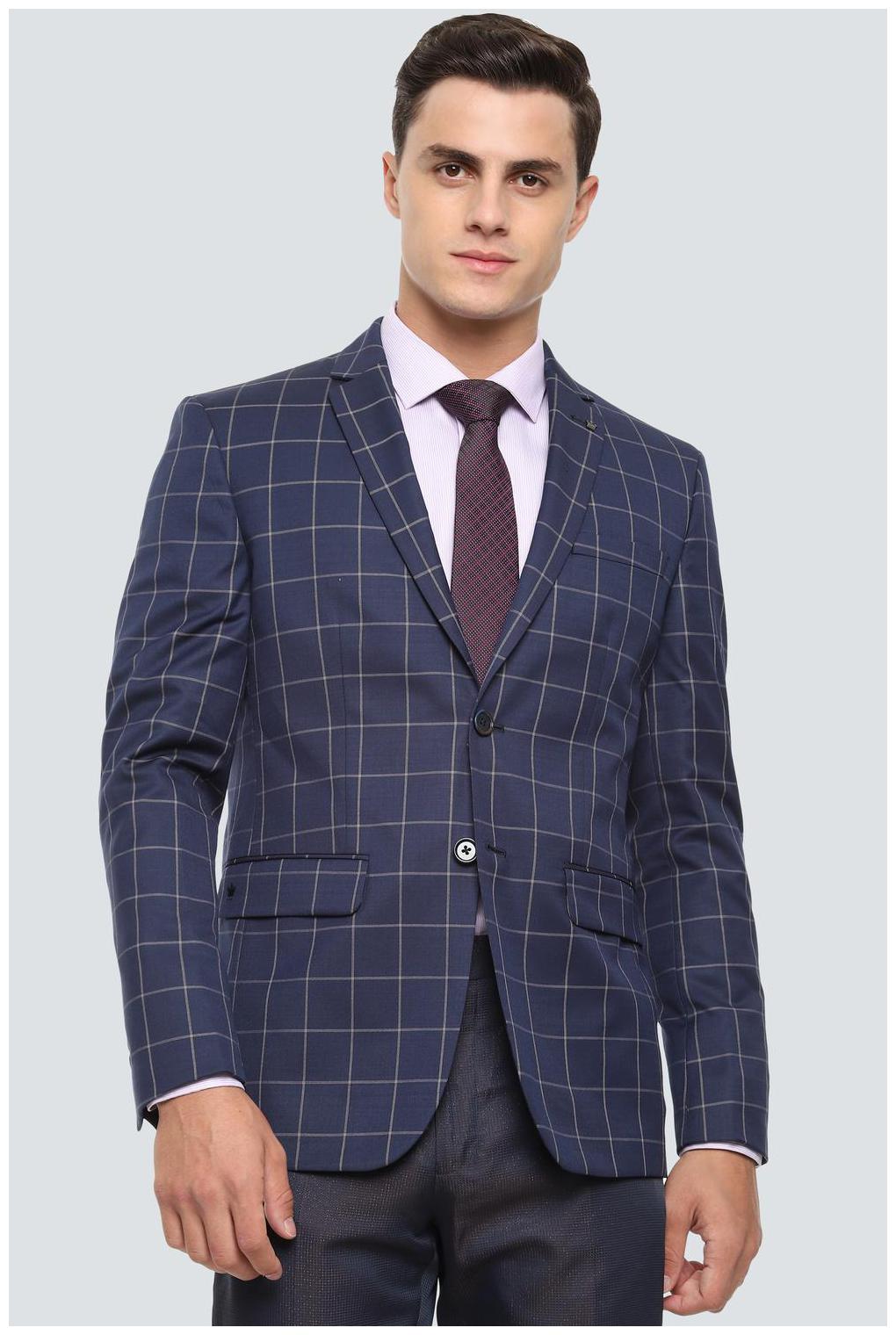 

Louis Philippe Men Navy blue Checked Slim fit Single Breasted Blazer