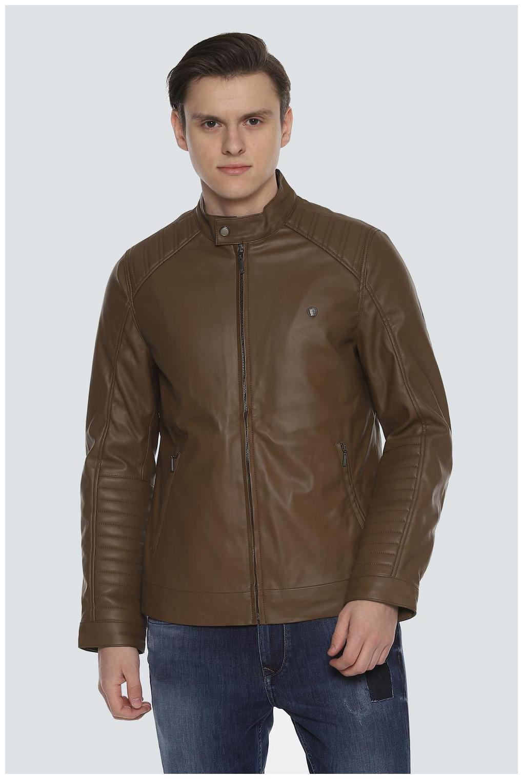 

Louis Philippe Men Brown Solid Biker jacket